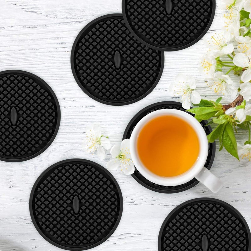 ME.FAN Silicone Coasters [6 Pack] Thickened Drink Coasters with Holder - Cup Mat - Non-Slip, Non-stick, Stay Put, Deep Tray - Prevents Furniture and Tabletop Damages(Black) - Image 2